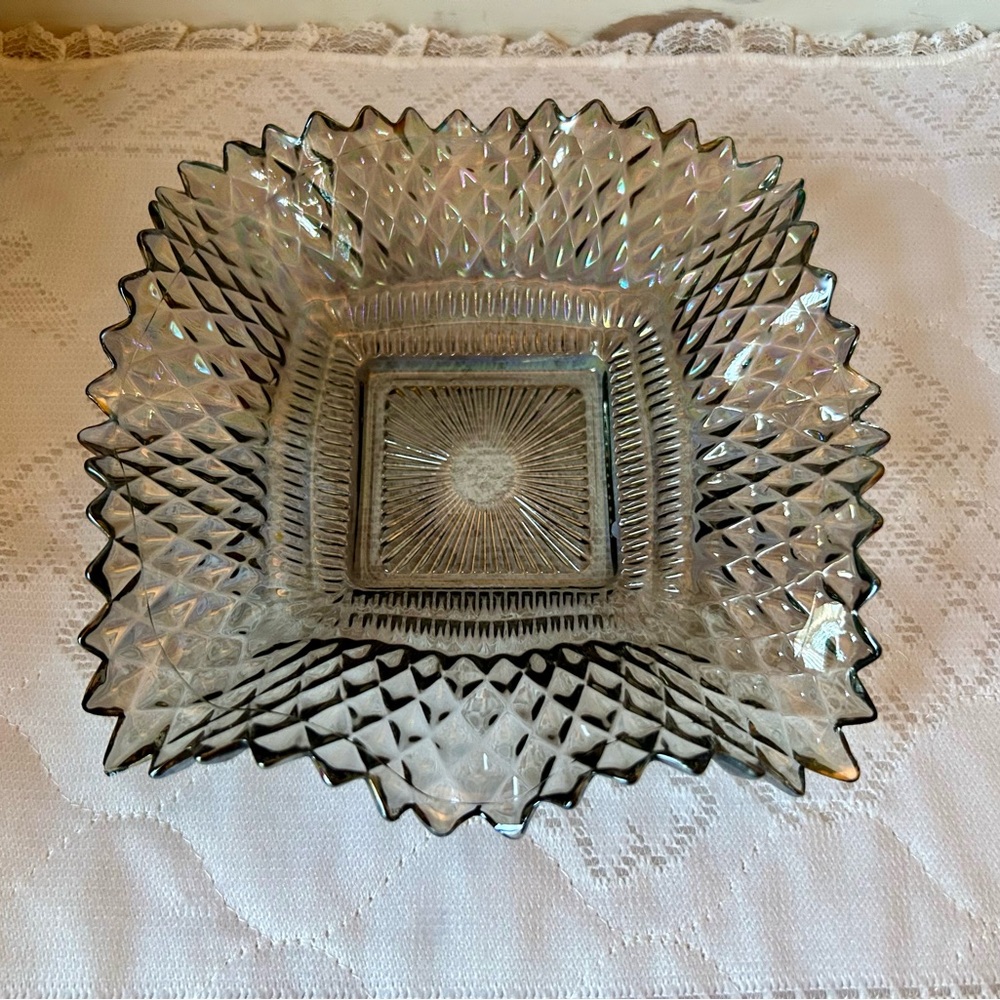 Iridescent smoke carnival glass dish